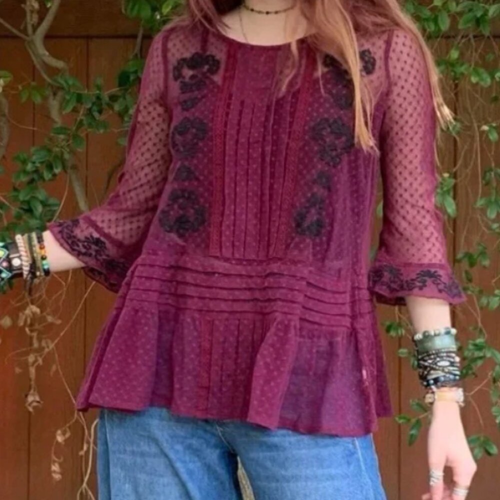 Free People jocelyn burgundy swiss dot lace mesh long sleeve top